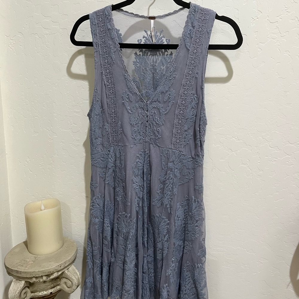 Free People Dusty Blue Lace Embroidered Dress